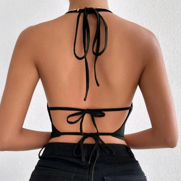 Satin cowl neck halter open back crop top - Picture 3 of 5